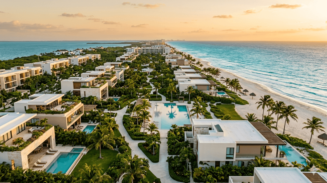 Vista aérea de zona residencial moderna en Cancún al atardecer, ideal para vivir en Cancún
