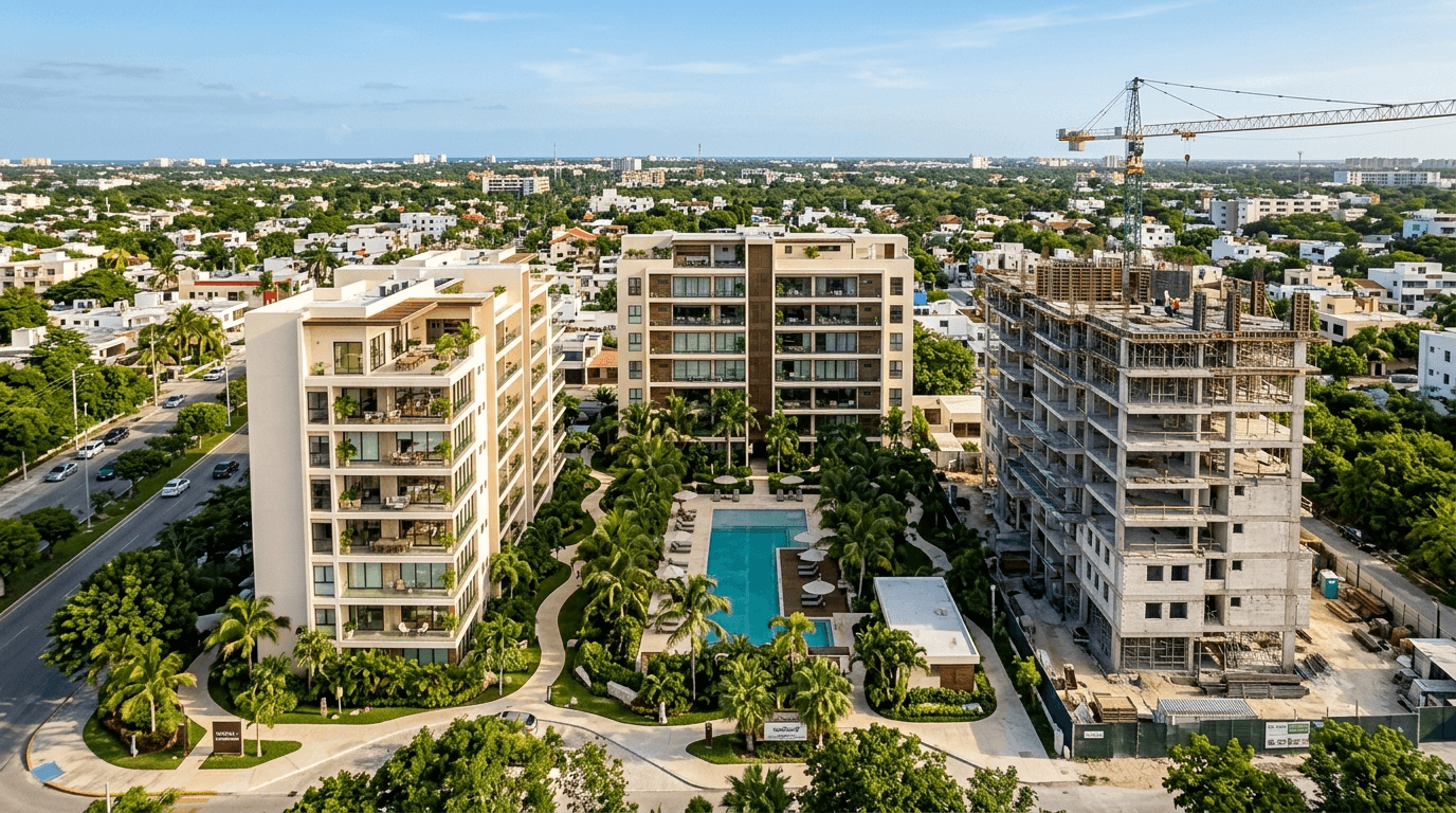 Comprar en preventa en Cancún: desarrollo residencial urbano en construcción con áreas verdes y amenidades en el centro de Cancún.