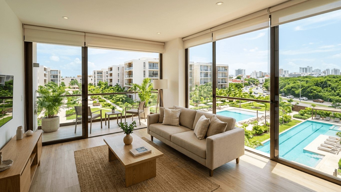 Renta de departamentos en Cancún: desarrollo residencial urbano con amenidades y áreas verdes en Avenida Nichupté.