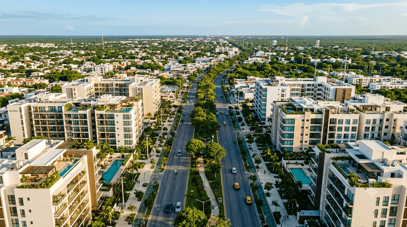 Zonas con mayor plusvalía en Cancún: corredor urbano residencial con avenidas amplias y edificios modernos en crecimiento.