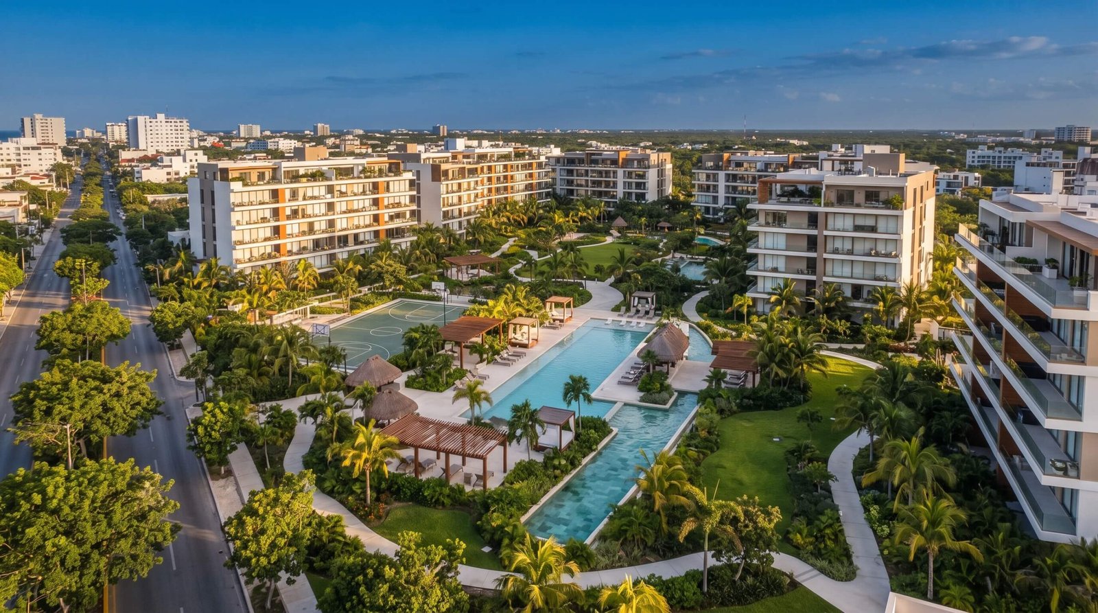 Parque central con áreas verdes y alberca en departamentos con amenidades en Cancún
