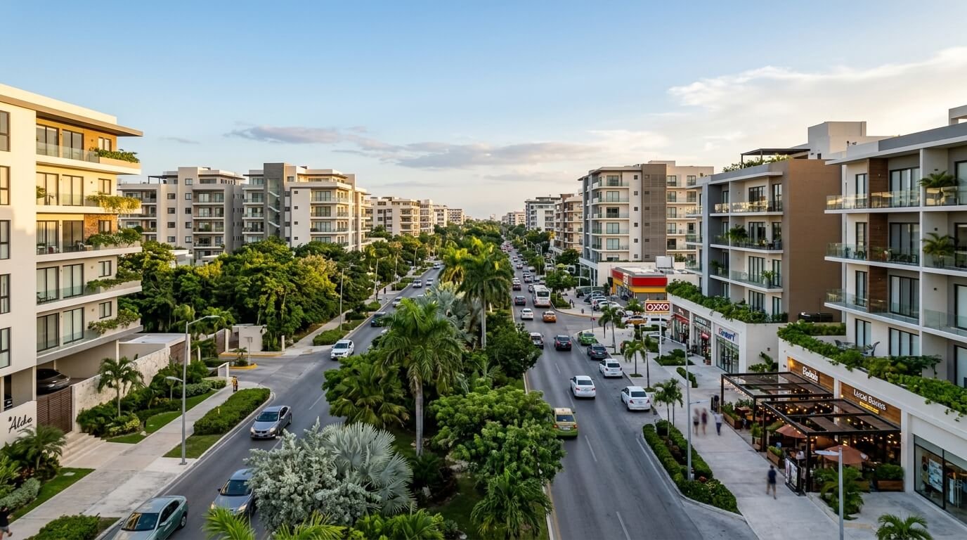 Mejores zonas para vivir en Cancún: avenida urbana con edificios residenciales modernos, áreas verdes y servicios cercanos.