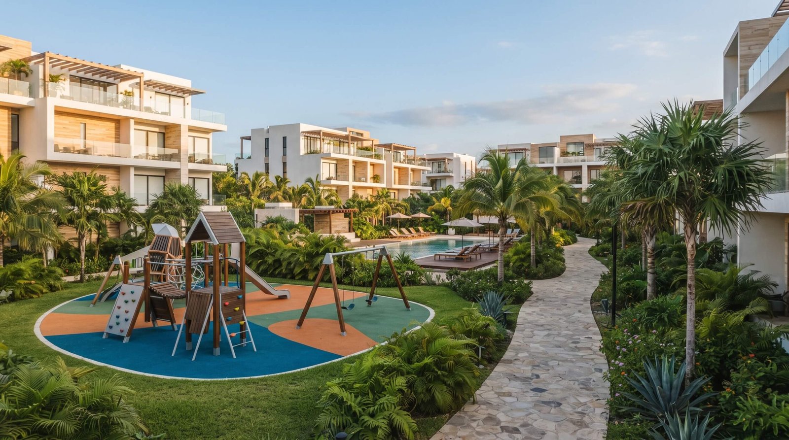 Vivir en Cancún con familia: áreas verdes, juegos infantiles y espacios de convivencia en un desarrollo residencial del Cancún urbano.