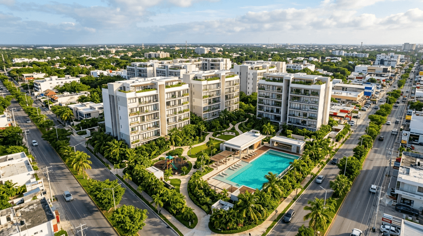 Zona residencial moderna para vivir en el centro de Cancún, con áreas verdes, amenidades y avenidas conectadas