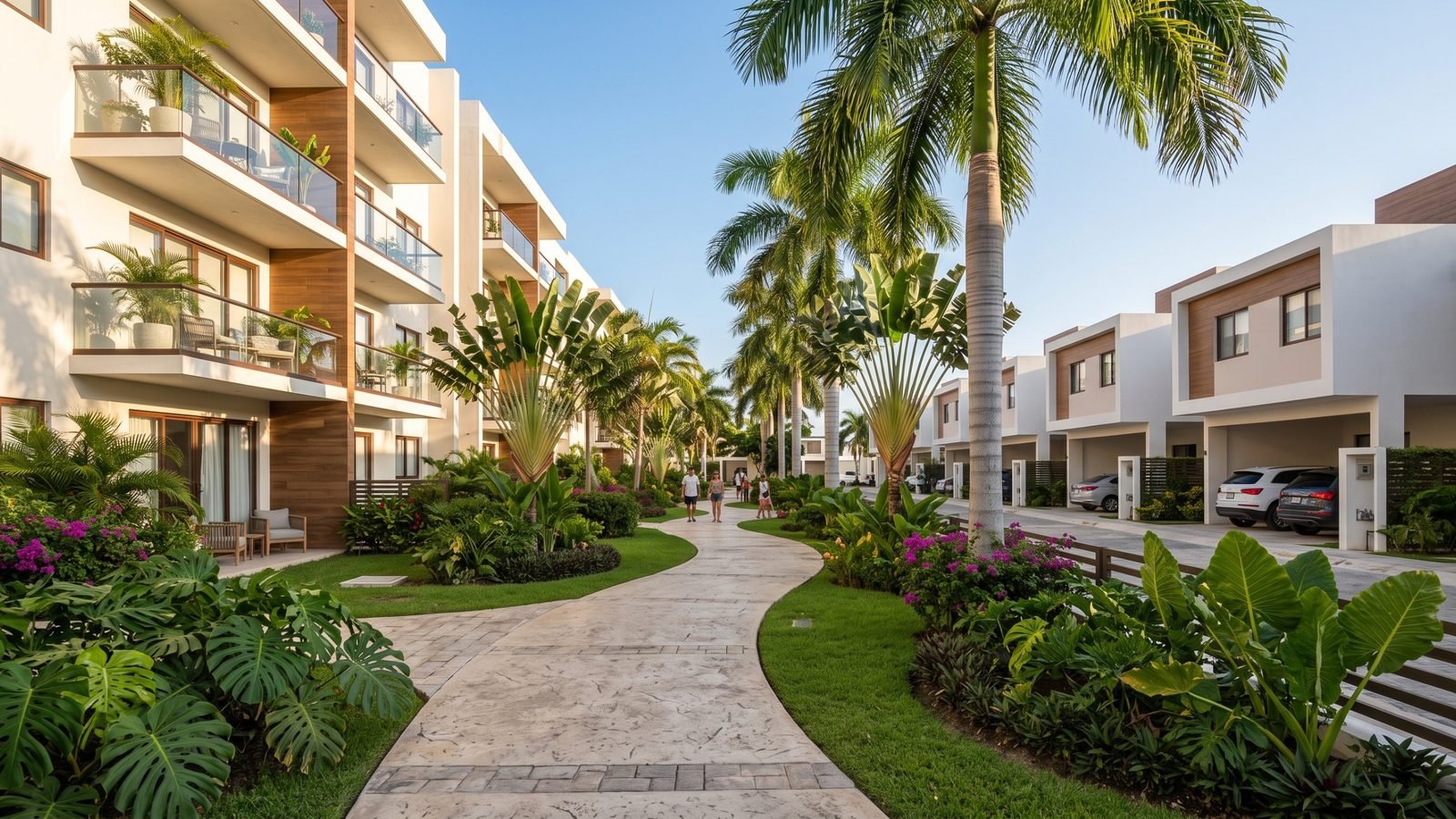 Desarrollos inmobiliarios en Cancún: conjunto residencial con torre de departamentos, casas de dos niveles y áreas verdes